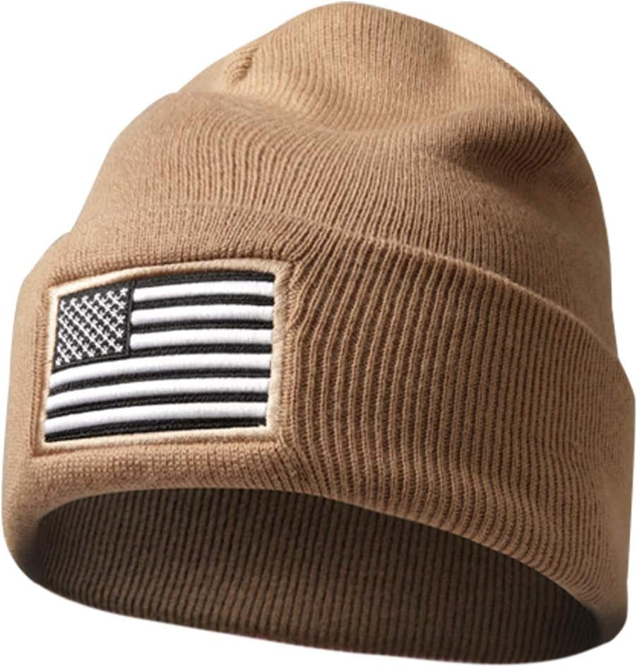 Men's Khaki US American Flag Embroidered Folded Cuff Skull Beanie Cap - Cozy and Stylish Winter Essential