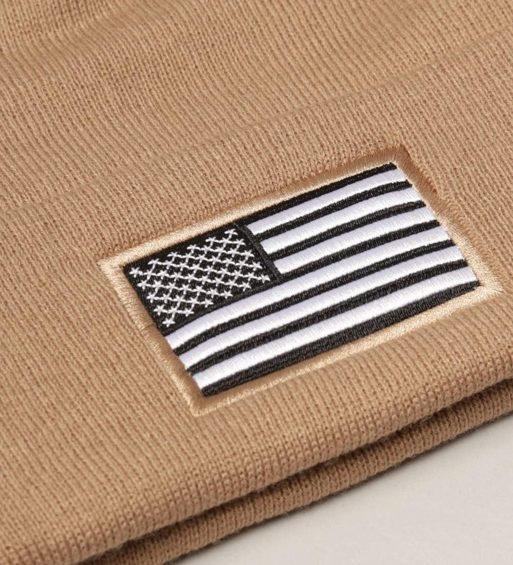 Men's Khaki US American Flag Embroidered Folded Cuff Skull Beanie Cap - Cozy and Stylish Winter Essential