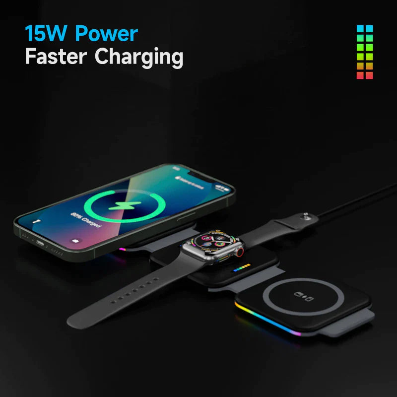 Ultimate 3-in-1 Foldable Magnetic Wireless Charger for iPhone, Apple Watch & AirPods – Perfect for On-the-Go Charging!