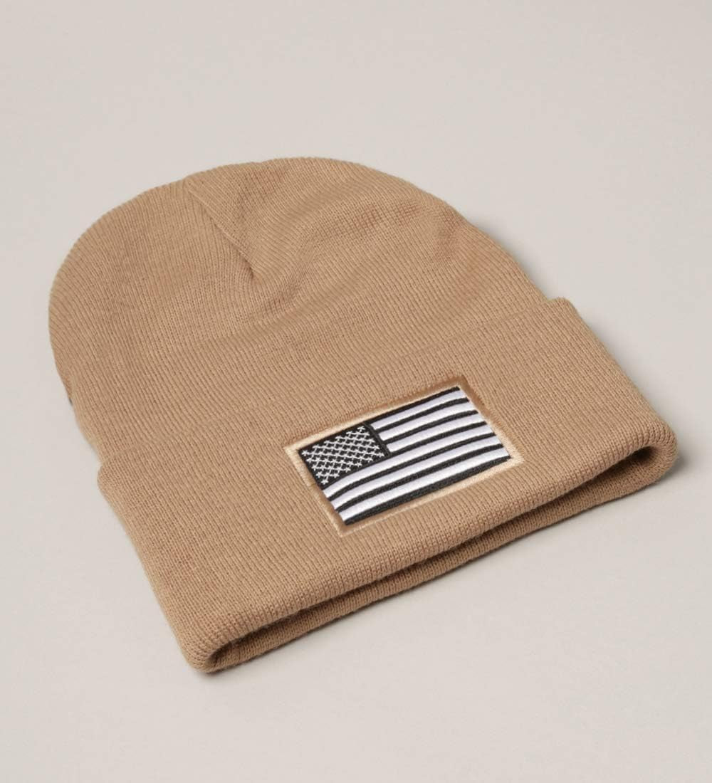 Men's Khaki US American Flag Embroidered Folded Cuff Skull Beanie Cap - Cozy and Stylish Winter Essential