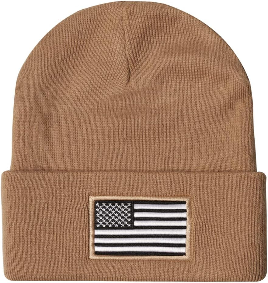 Men's Khaki US American Flag Embroidered Folded Cuff Skull Beanie Cap - Cozy and Stylish Winter Essential